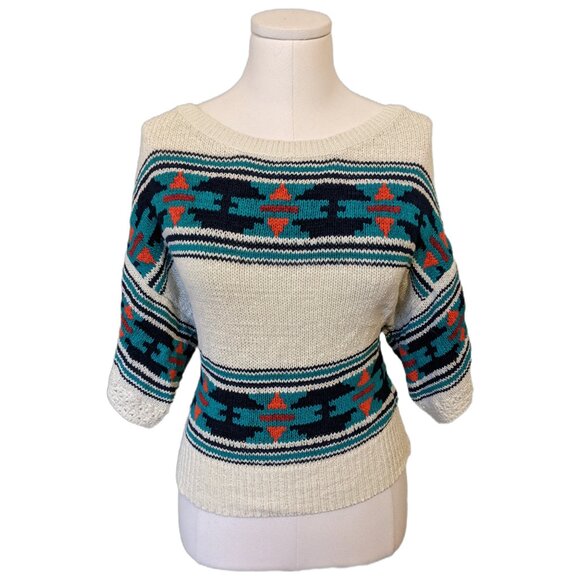 American Eagle Outfitters Sweaters - Womens American Eagle White Aztec Knit Top Western Boho Sweater 1/2 Sleeve M